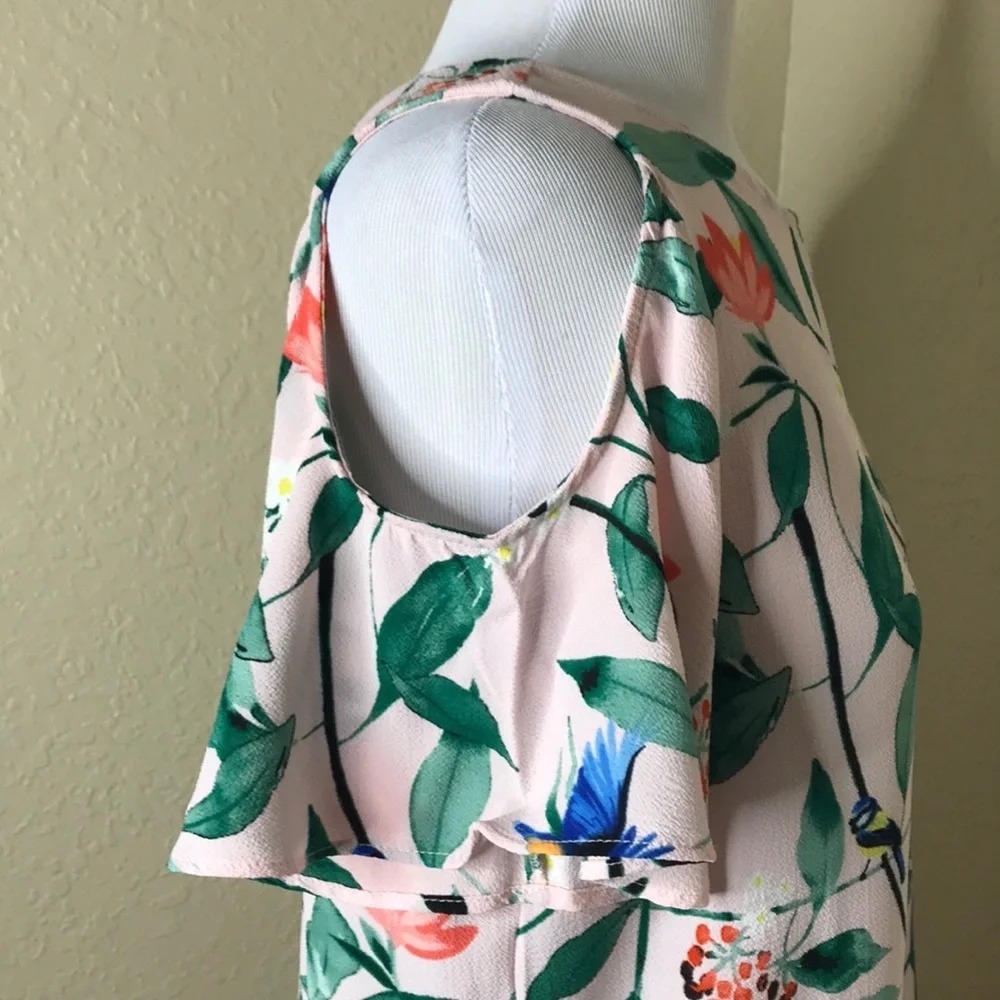 EUC C & E Floral Bird Cold Shoulder Blouse Top S - Picture 5 of 7